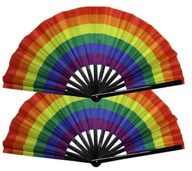 ShiningUU 2 Pcs Rainbow Folding Rave Fans Gay Pride LGBT Accessories, Colorful Manual Folding Hand Fans, Easy Open Portable Clacking Hand Fans for Halloween Parade, Music Festival, Dance Supplies