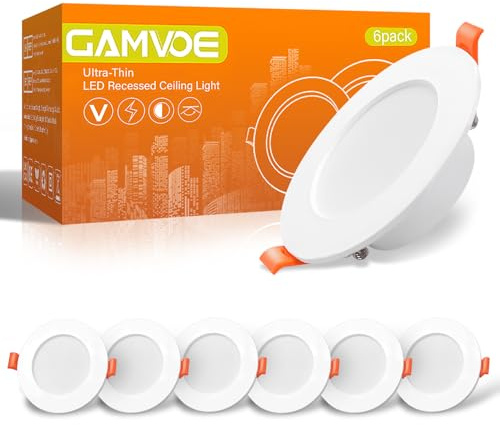 Downlights for Ceiling,GAMVOE Recessed Ceiling Lights 6W/5500K Natural White Light,IP44 Bathroom Spotlights Cut Diameter 71-98mm Non Dimmable Ultra Slim LED Spot Lights for Kitchen,Living Room(6Pack)