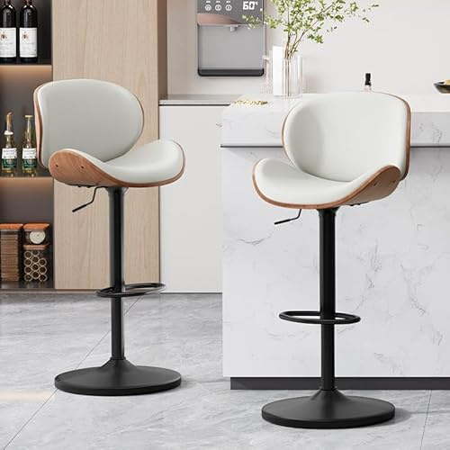 Ckaff Tabouret de Bar Lot de 2, Tabouret de Cuisine Pivotants 360° en Similicuir & Bois, Chaise de Bar Réglable en Hauteur avec Repose-Pieds et Dossier pour Cuisine, Salle à Manger, Bar, Blanc