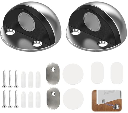2 Pack Magnetic Door Stops, Stainless Steel Door Stoppers for Skirtings | Magnetic Door Stop Floor Mount, Half Moon Wall Protector Self-Adhesive & Drill-Mounted, Anti-Collision Doors Holder