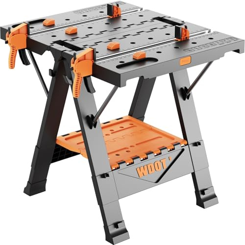 WDOT 2-in-1 Folding Work Bench & Sawhorse, Easy Setup Portable Work Table, 31 W x 25 D x 32 H, Laser-Engraved Scale,Lightweight Worktable with Large Load Capacity, 2 Clamps & 6 Bench Dogs