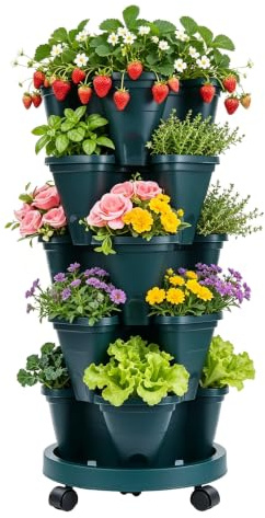 5 Tier Strawberry Planter Pots Vertical Garden Planter Tower with Wheels | Stackable Herb Planter for Outdoor Patio Balcony, Space-Saving Garden Tower for Flowers Vegetables Indoor Use