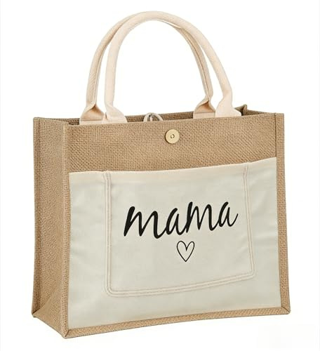 MEILIHEN Mama Jute-Tasche mit Herz, Personalisiertes Geschenk für Mütter, Tragetasche aus Canvas，Einkaufstasche aus Jute und Canvas, Muttertagsgeschenk