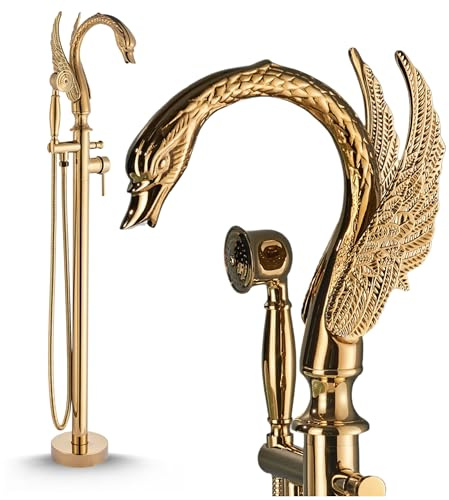Freistehende Badewannenarmatur SWAN für Bodenmontage mit drehbarem Auslauf, Handbrause, keramischer Kartusche, Messingkörper und Wasserstrahl mit Luftbeimischung (Gold)