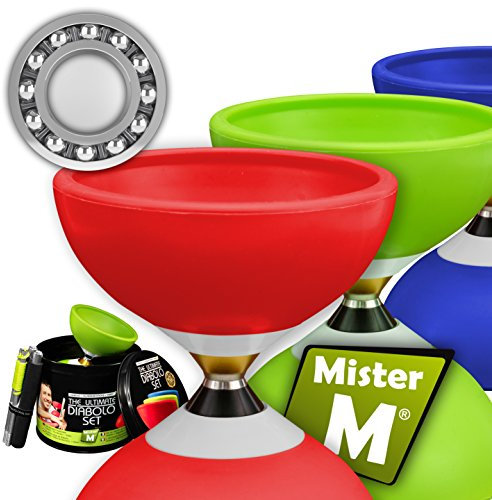 Mister M | Jonglierset mit rotem Kugellager Diabolo | Klappbare Aluminiumstäbe | Mit Ersatzschnur und Geschenk- oder Reisebox | Inkl. App und Tutorial zum Jonglieren Lernen