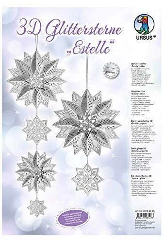 Ursus 33780000 - Glitterstern 3D Estelle, silber, Material für 3 Sterne, in verschiedenen Größen, inklusive Sternen Accessoires und Bastelanleitung, ideal für die weihnachtliche Bastelzeit