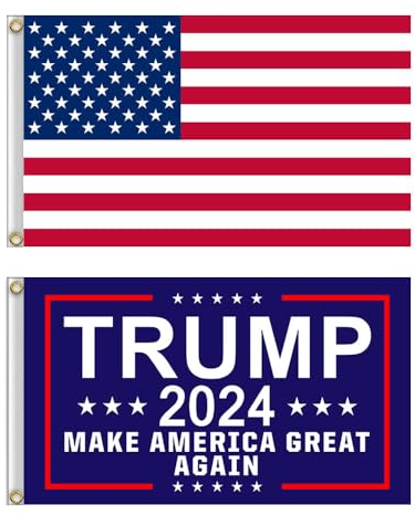 Shmbada Amerikanische USA-Flagge und Trump 2024 blaue Flagge mit Messingösen, doppelt genäht, lebendige Farben, kein Verblassen, für den Außenbereich, 90 x 150 cm, 2 Stück