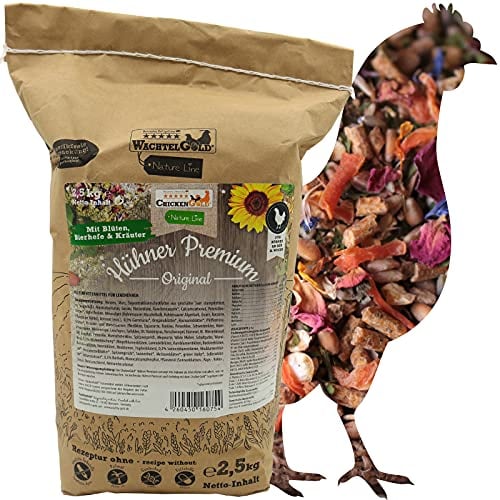 hühnergold Hühner Premium 2,5 kg – artgerechtes Hühnerfutter mit Kräutern, Blüten, Gemüse & Mineralgrit, für gesunde Legehennen, Enten & Gänse, kräftige Eidotter, stabile Eischalen