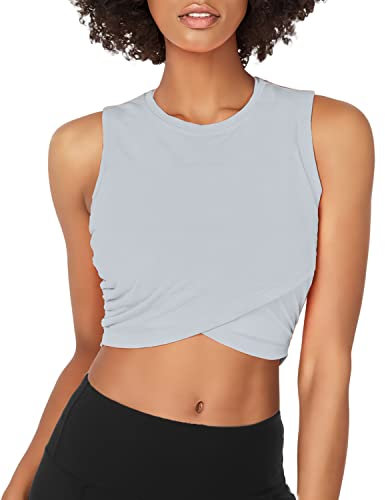 Fofitness Trainings-Shirt für Damen, kurz, Activewear, Rücken im Stil eines Ringer-Shirts. - Grau - X-Groß