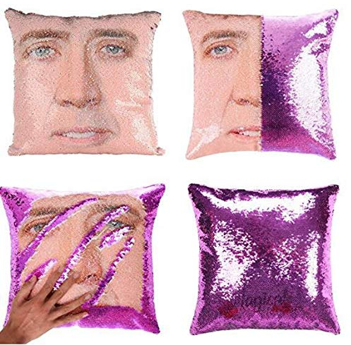 WANDER EU Meerjungfrau-Kissenbezug, Nicolas Käfig-Kissenbezug, magische Wende-Pailletten-Kissenbezug, dekorativer Überwurf, Kissenhülle violett (Mermaid Pillow Cover Purple)