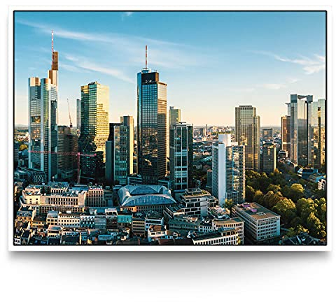 BilderKing Wandbild Frankfurt Am Main Skyline - 200cm x 150cm Leinwand auf 2cm Keilrahmen mit Schattenfugenrahmen weiß