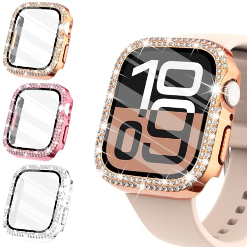 WINGLE for Apple Watch Screen Protector SE/Series 11 10 9 8 7 6 5 4 3 2 1 | Women Shiny Diamond Cover with Tempered Glass Screen Protector for apple watch case 38mm Series 3 2 1, Rose Gold/Pink/Clear