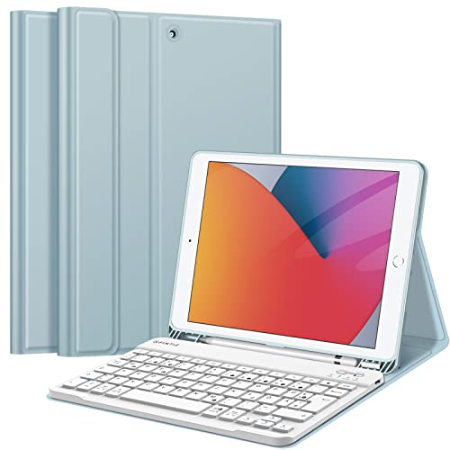 FINTIE Tastatur Hülle für iPad 10.2 Zoll (9/8/ 7 Generation - 2021/2020/2019), Schutzhülle mit TPU Rückschale, Pencil Halter und magnetisch Abnehmbarer Tastatur mit QWERTZ Layout, Eisblau