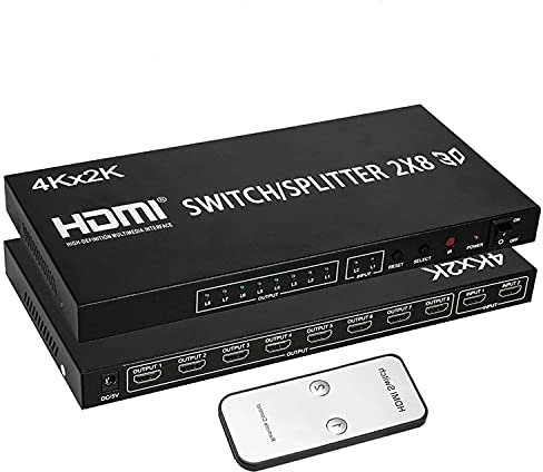 2X8 HDMI Splitter, Full HD 4K Video HDMI Switcher 2x8 Split 2 in 8 out Dual Screen per PS3 Xbox PC a HDTV Monitor Proiettore con alimentazione