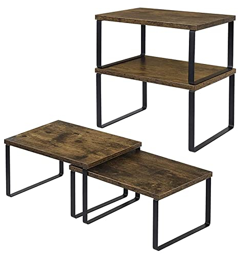 LIANTRAL Küchenschrank Organizer 4er-Set, Küchenregal, Gewürzregal, Schrankregal Organizer aus Metall und Holzwerkstoff Stapelbarer und Erweiterbarer, Retro Braun und Schwarz