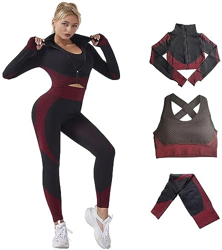 Veriliss Damen 3teiliger Gym Trainingsanzug Nahtlose Laufbekleidung Fitness Kleidung Jogginganzug Reißverschluss Kapuzen Fitness Jogging Tennis Laufen (Schwarz Rot,L)