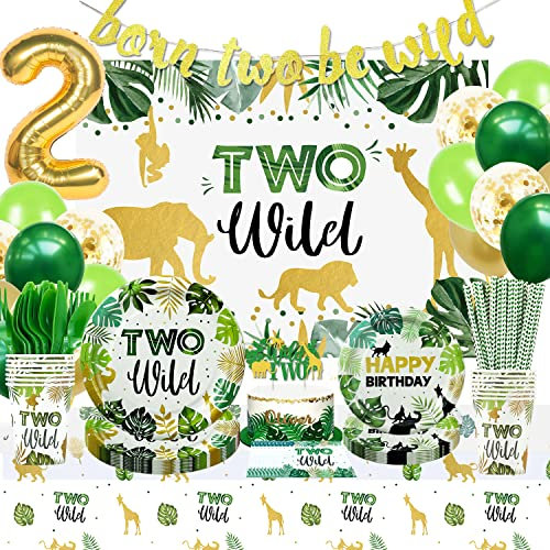 NAIWOXI Two Wild Birthday Decorations Tableware, Safari Jungle Theme 2nd Birthday Party Supplies Include Banner, Backdrop, Plates, Cups, Napkin, Tablecloth, Balloons, Cutlery, for 2 Years Old Birthday