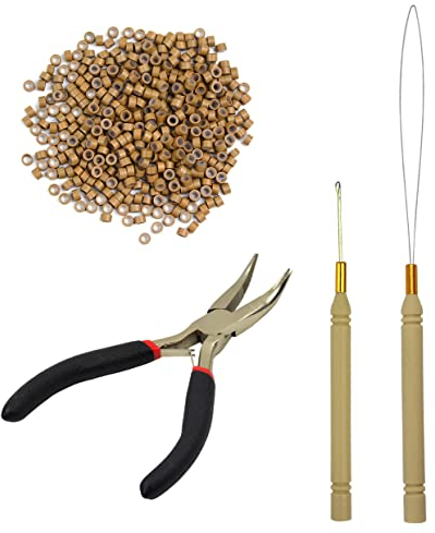 Microring Haarverlängerung Set mit 1 Microring Hair Zangen 1 Stück Microring Nadel Einfädler 1 Ziehen Haken und 500 Stück Microringe für Haarverlängerung Zubehör (Dunkelblond)