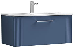 nuie DPF396B Deco Modern Bathroom Wall Hung 1 Drawer Part Fluted Vanity Basin Unit with Minimalist Ceramic Basin, 800mm, Satin Blue