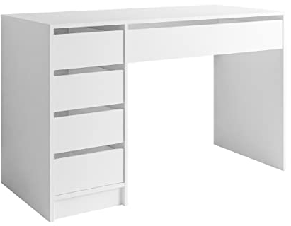 lukmebel Mada Stilvoller Schreibtisch mit 5 Schubladen platzsparendes Möbel für Schlafzimmer Arbeitszimmer oder Büro aus laminierter Platte mit ABS-Kante 120x75x55 cm Weiß/Weiß Matt