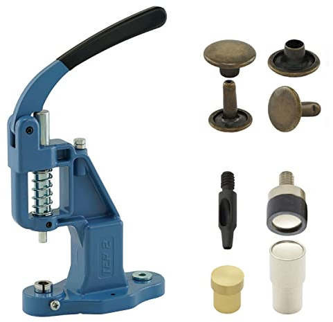 Rivet Press Set with Lever Press, Riveting Tool and 50 Pieces Double Head Rivets 9 mm, Antique Brass | Rustproof | Hand Press | DIY | For Leather, Clothes, Jeans, Belts, Shoes