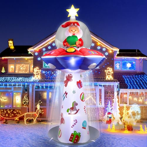 Kalolary 8 Piedi Natale Gonfiabile Decorazioni,Stanta Claus Consegna Regali su Un UFO, Decorazioni di Natale Gonfiabili per Esterno in Cortile Prato Decorazioni di Natale