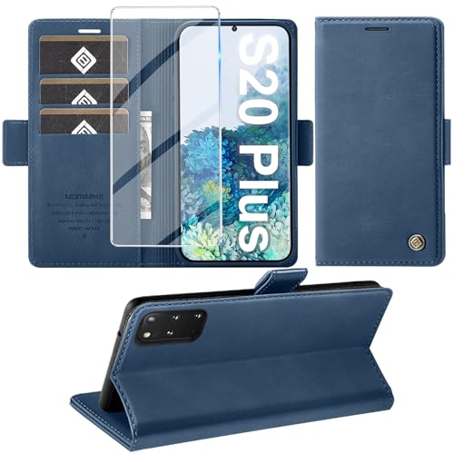 Giyer Handyhülle für Samsung Galaxy S20 Plus Hülle mit Displayschutzfolie, Schutzhülle Galaxy S20 Plus PU Leder Wallet Flip Case Standfunktion Kartenfach Klapphülle für Samsung S20 Plus Cover (Blau)