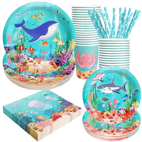 Under the Sea Birthday Party Supplies Decorations, Ocean Theme Paper Plates and Napkins Set for 24 Guests, 120 Pcs Disposable Sea Animals Party Dessert Dinnerwares