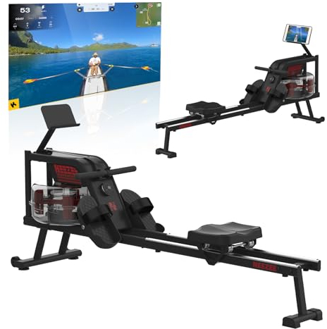 Neezee Rudergerät, Rudergerät für zuhause mit einstellbarem Widerstand, Rudergerät-Wasser mit Aluminium Schiene Tablettenständer, Wasserwiderstand und LCD-Display Rudermaschin