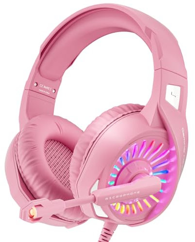 ZIUMIER Z20 Casque de jeu rose avec microphone, compatible avec PS4, PS5, Xbox One, PC, ordinateur portable, casque supra-auriculaire avec lumière LED RVB, microphone antibruit, son surround stéréo