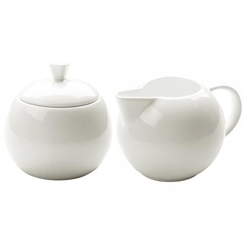 Sizikato Pure White Porcelain Sugar and Creamer Set, 14oz Salt Bowl with Lid and 10oz Creamer Pitcher