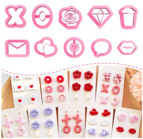 KEOKER Polymer-Ton-Ausstechformen zum Valentinstag, für Ohrringe, 10 Formen, Valentinstags-Ohrringe, Tonausstecher für Modelliermasse, Schmuck (Nieten)