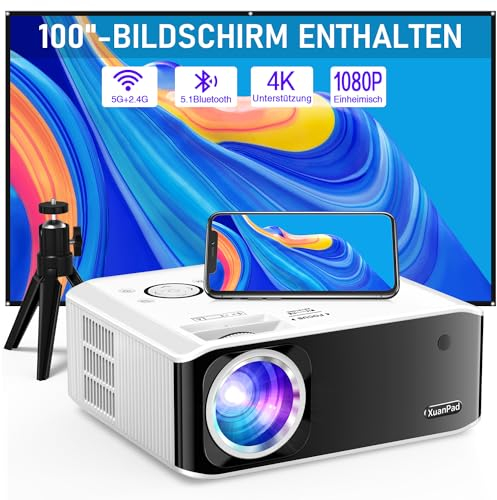 Proiettore XuanPad, Nativo 1080P 5G WiFi Bluetooth Proiettore 4K Supportato, 6D/4P Correzione Trapezoidale, Zoom, 18000L Mini Proiettore con Schermo e Treppiede per iOS/Android/TV Stick