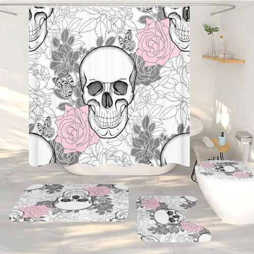 FABTOP Rideau de douche - Motif tête de mort noir - 180 x 180 cm - Motif tête de mort - Fleurs et squelette - Fleurs et squelette - Pour Halloween - 8, 120 x 200 cm