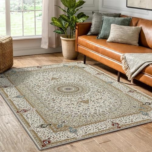 Hafaa Machine Washable Bedside Small Rug 40x60 cm - Soft Short Pile Beige Area Rugs For Bedroom Entrway Non Slip Floor Carpet Traditional Vintage Cashmere Door Mat For Kitchen Bathroom, Willow Beige