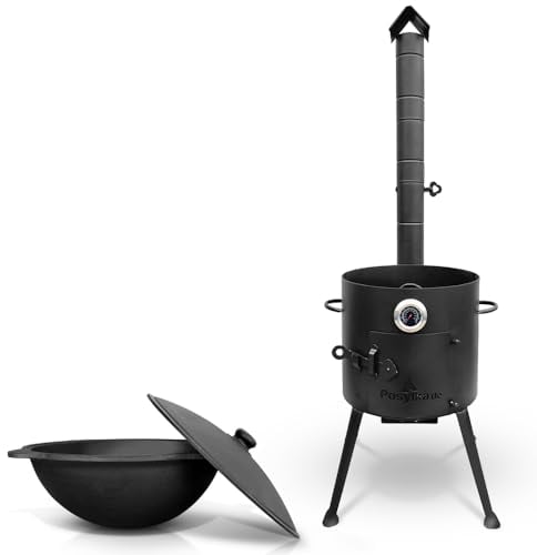 ZARENHOFF Set - Utschak Feuerofen Ø 36 cm Usbekischer Gusseisen Kasan 10 L runder Boden, Deckel aus Aluminiumguss Thermometer, Schaumlöffel für Plov, 48 cmr (292)