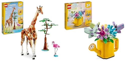 LEGO Creator 3in1 Tiersafari, Kreativ-Set mit Tierfiguren, Spielzeug-Giraffe & Creator 3in1 Gießkanne mit Blumen Set, Kinderzimmer-Deko