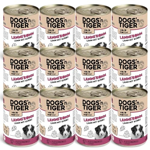 Dogs'n Tiger Lammfromm Nassfutter Hund, Lamm & Kürbis, 12x 400g | Hundefutter nass, Junior, Welpen, hoher Fleischanteil, getreidefrei, ohne Zuckerzusatz, ohne Konservierungsstoffe