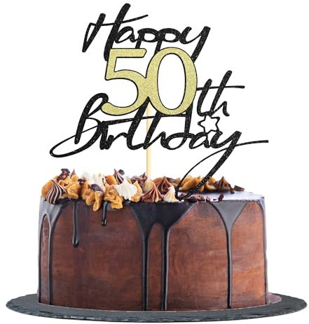 Sotpot 1 Pack 50th Birthday Cake Topper Black Gold Glitter Birthday Cake Decorations for 50th Birthday Theme Party Cake Decorations Supplies