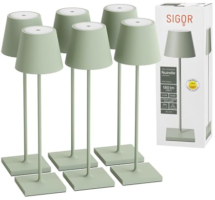 SIGOR Nuindie 2.0 Akku-Tischlampe, 6er-Set, salbeigrün | Dimmbar • Indoor & Outdoor • IP54 • 38 cm • USB-C • 12 h Leuchtdauer