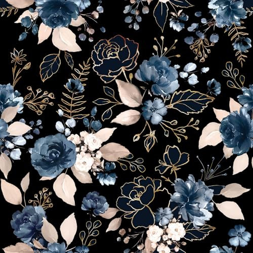 MIAHOME Self Adhesive Black and Gold Floral Vintage Wallpaper 17.7in x 9.8ft Peel and Stick Wallpaper Flower Art Deco Dark Blue Contact Wall Paper for Cabinets Removable Vinyl Rose Wallpaper