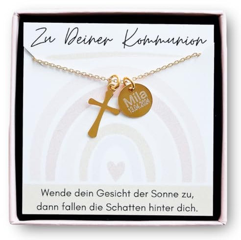 925er Silber Kreuz Halskette personalisiert als Geschenk zur Kommunion/Konfirmation/Taufe (925er Silber vergoldet)