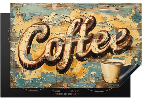 KitchenYeah© Herdabdeckplatte Einteilig Küche Herdabdeckung Induktionsfeld Ceranfeld Herdabdeckplatten Vinyl Matte Aufrollbar Kaffee - Vintage - Braun - Tasse - 80x52 cm