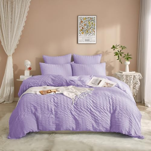 Luowei Seersucker Bettwäsche 135x200cm 4teilig Sommer Streifen Strukturiert Bettbezug mit 2 Kissenbezug 80x80 cm Leicht Weich Atmungsaktiv Oeko-TEX Bettwäsche-Sets Lila mit Reißverschluss