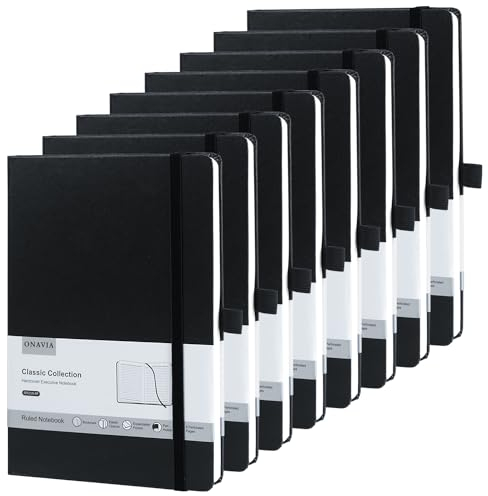 ONAVIA 8 Stück Journal Notizbuch (A5), 100g/M², 80 Blatt/160 Seiten, Hardcover mit elastischem Verschlussband und Falttasche, Notebook a5 für Frauen Männer Arbeit Büro Schule, 14 x 21cm (Schwarz)