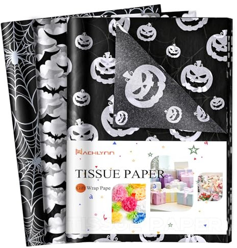 NACHLYNN 90 Blatt Halloween Geschenkpapier Seidenpapier 35 x 50 cm Schwarz weiß Kürbis Spinne Netzschläger Geschenkpapier Kunst Seidenpapier Basteln für Halloween Feiertage Basteln Geschenke Dekor