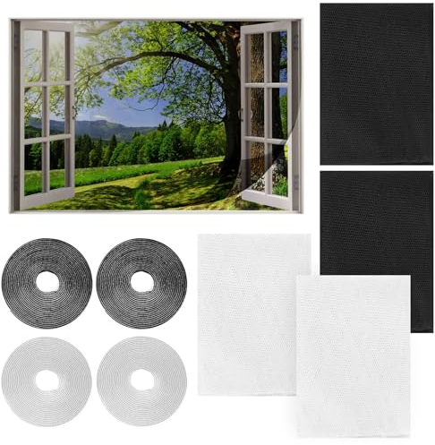 4 Pcs Zanzariere Per Finestre, Zanzariera Finestra Autoadesiva Tagliabile Senza Punzonatura Con Quattro Nastri Adesivi, Bianco + Nero, 130 * 150cm