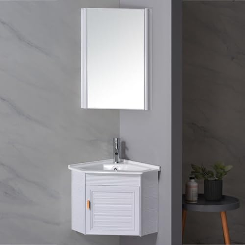 DYUNCZ Eckwaschtisch mit Unterschrank, Waschtischunterschrank Hängend, Eck Badezimmerschrank mit Waschbecken nd Spiegelschrank, Waschbecken mit Wasserhahn und Abfluss(Wit,47cm/18in)