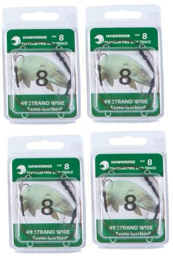HAWKRIDGE - 4 x Predator SEMI BARBED Pike Snap Tackle Double Hook Bait Rig 30cm Trace Using American 7x7 Wire Strands - Available in Size 4, 6 or 8 (4 x size 8 hook)