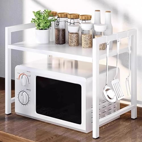 JSUDQR 2 Tiers Extendable Microwave Oven Rack Stand White Kitchen Counter Top Organizer Microwave Shelf Stand for Kitchen With 5 Hooks Carbon Steel Heavy Load Length 40-60cm